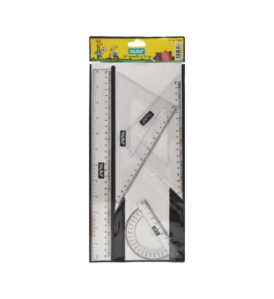 Juego Geometrico Plástico Rígido, 30 cm. (12"), con Regla, Transportador y Escuadras. Transparentes. Pack x 4 piezas.
